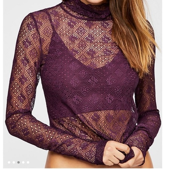 NWT Free People SHEER LACE TURTLENECK TOP - Picture 3 of 6